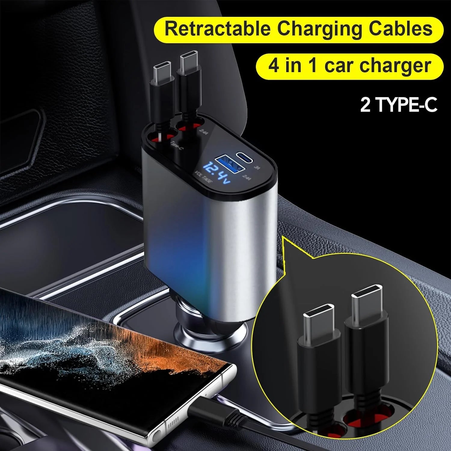 Retractable Car Charger - 4 in 1 Fast Car Phone Charger 66W