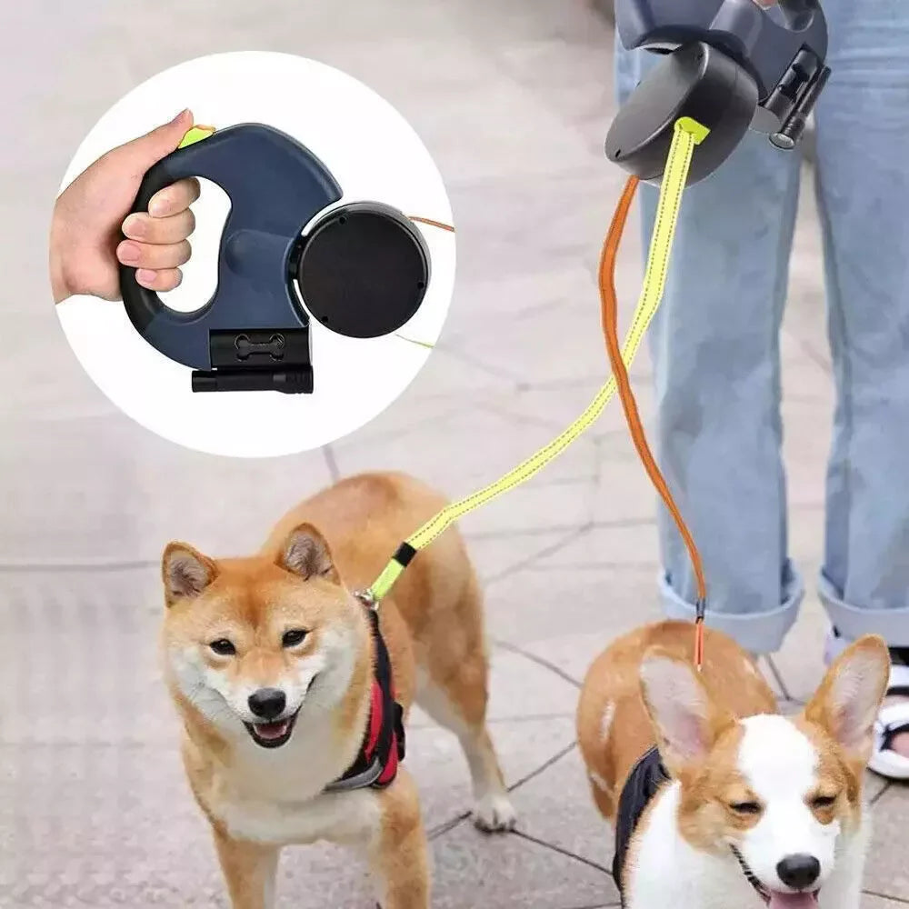Dual Pet Leash - Retractable, Reflective, Lead 360 Swivel