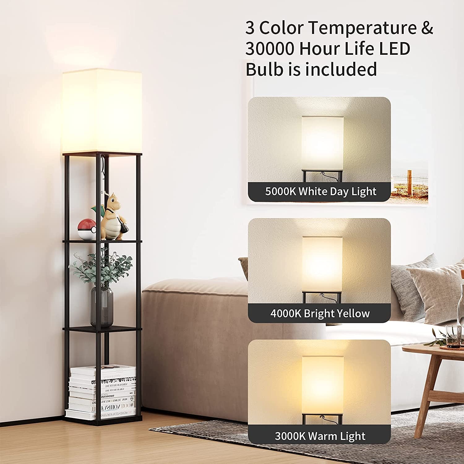 Floor Lamp with Shelves - 3 Color Temperature Bulb