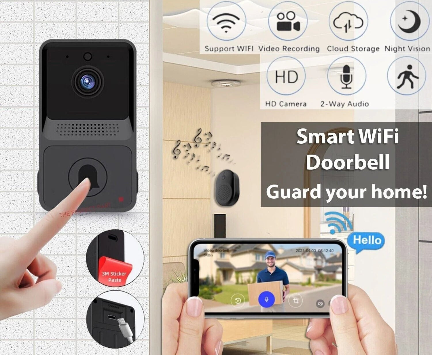 Smart Wireless Wifi Doorbell, Intercom with Video Camera 