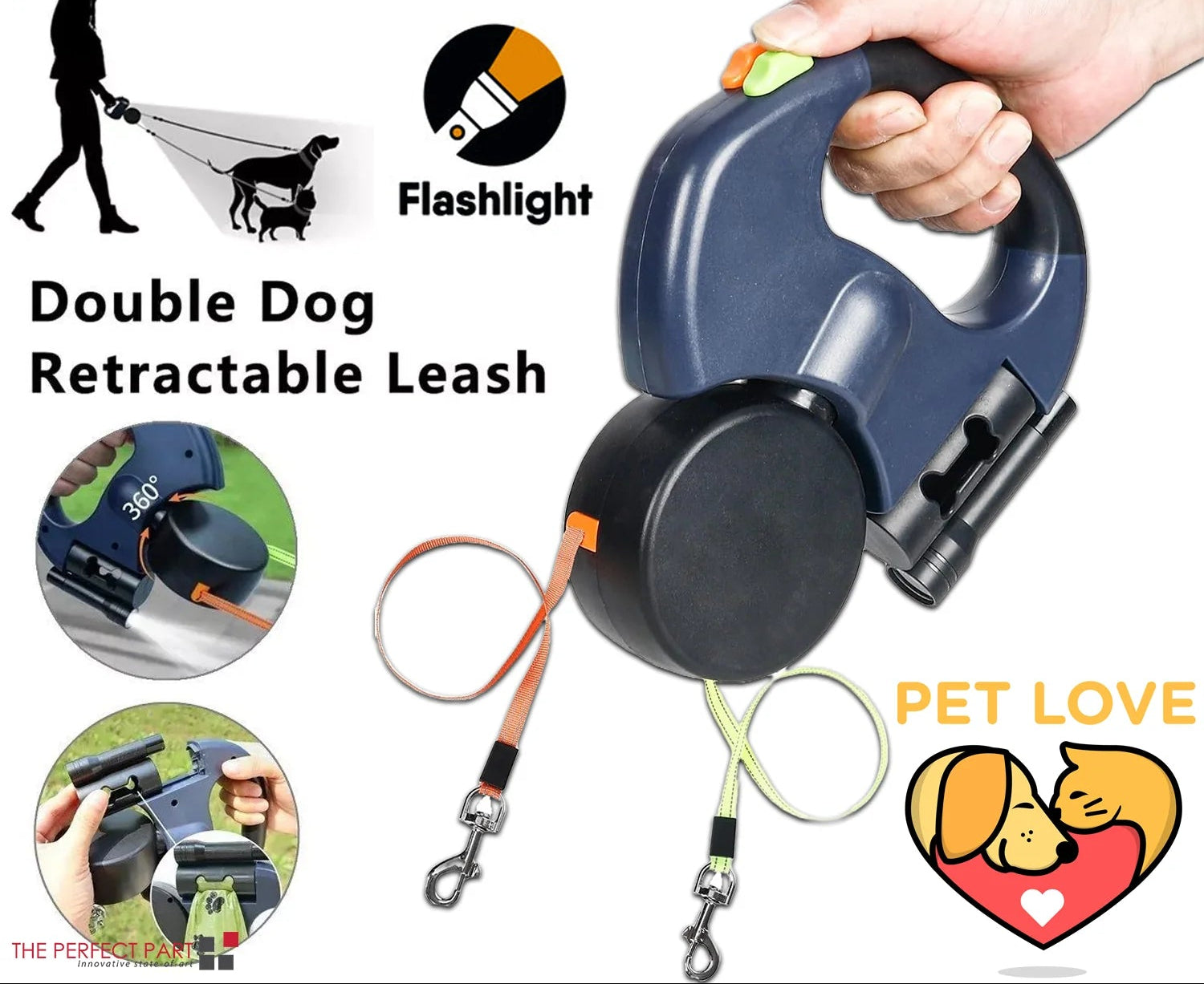 Dual Pet Leash - Retractable, Reflective, Lead 360 Swivel