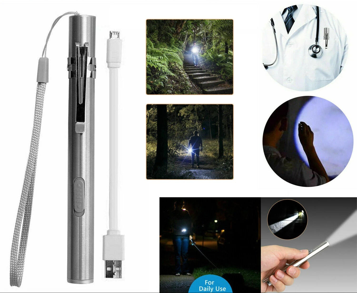 5" LED USB Rechargeable Mini Tactical Flashlight - Stainless Steel Pen Light